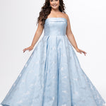 Sydney's Closet style SC7439 in light blue floral brocade.

A-line silhouette, strapless neckline with fold over cuff detail, natural waistline, full a-line skirt with box pleats, crinoline and pockets.