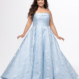 Sydney's Closet style SC7439 in light blue floral brocade.

A-line silhouette, strapless neckline with fold over cuff detail, natural waistline, full a-line skirt with box pleats, crinoline and pockets.