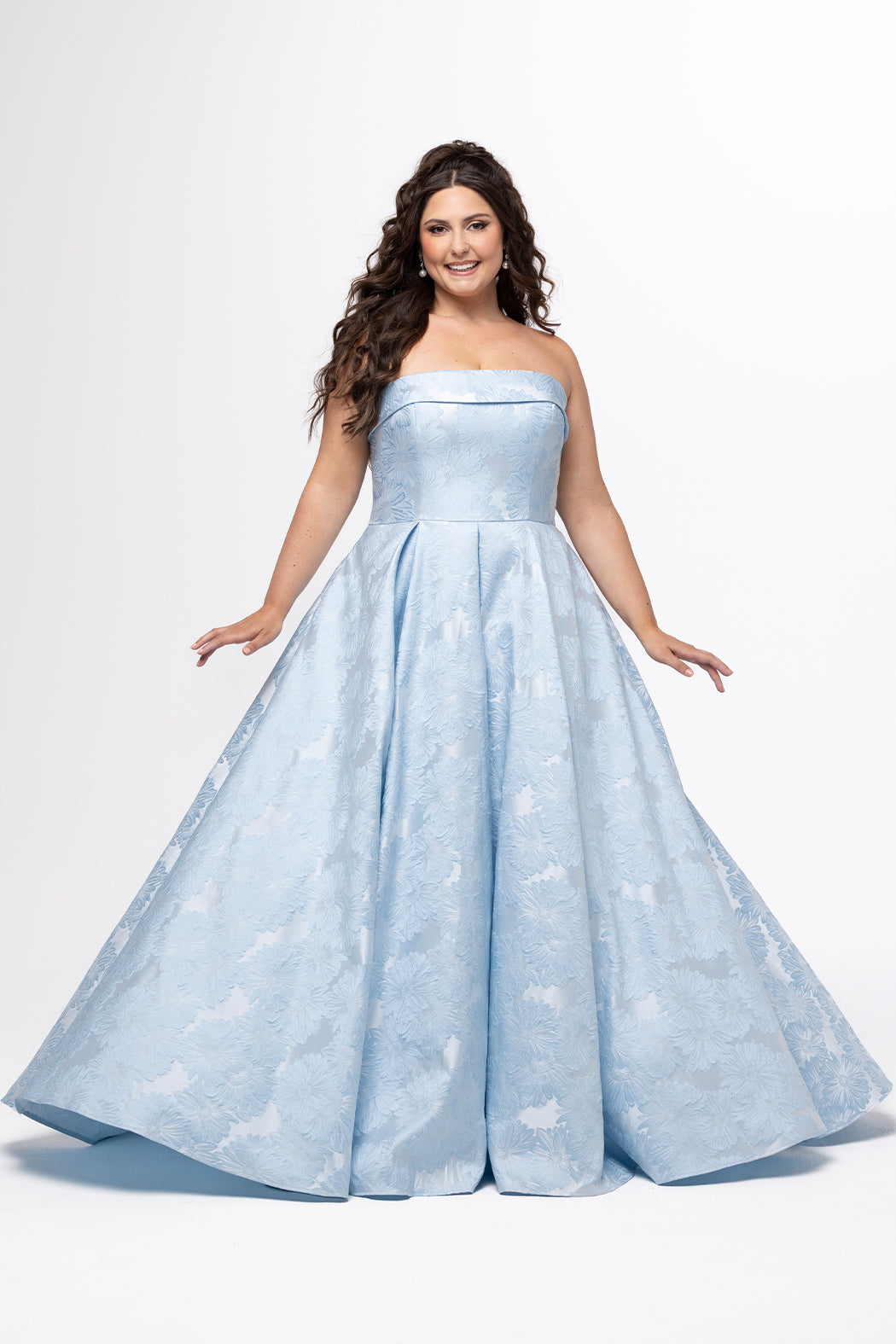 summer formal plus size dresses Grand Entrance Light Blue Brocade Plus-Size Ball Gown Light Blue / 40 Galilea Coperni Beige Asymmetric Flower shirred back Size:Medium (103cm)/ Sleeve (89cm)