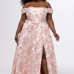 Sydney's Closet SC7440 in light pink floral brocade with gold accents.

Plus size A-line silhouette with off-the-shoulder neckline and fold over cuff on bodice.  Natural waistline with A-line skirt, pockets and left leg slit. 