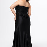 Sydney;s Closet style SC7441 in black.

Slim, fitted silhouette with strapless sweetheart neckline and pleated drape detaile.  Exposed corset boning, basque waistline and slim skirt with ruching, high slit and sweep train.  

Bodice features tone-on-tone lace with tone-on-tone beading that carries into the top of the slit.