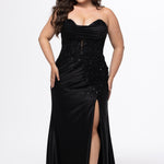 Sydney;s Closet style SC7441 in black.

Slim, fitted silhouette with strapless sweetheart neckline and pleated drape detaile.  Exposed corset boning, basque waistline and slim skirt with ruching, high slit and sweep train.  

Bodice features tone-on-tone lace with tone-on-tone beading that carries into the top of the slit.