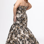 Sydney's Closet style SC7442 in Black/Gold metallic floral brocade.  Fitted mermaid silhouette, strapless sweetheart neckline, full mermaid skirt and lace-up back with modesty panel.