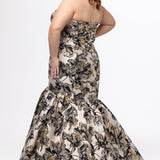 Sydney's Closet style SC7442 in Black/Gold metallic floral brocade.  Fitted mermaid silhouette, strapless sweetheart neckline, full mermaid skirt and lace-up back with modesty panel.