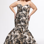 Sydney's Closet style SC7442 in Black/Gold metallic floral brocade.  Fitted mermaid silhouette, strapless sweetheart neckline, full mermaid skirt and lace-up back with modesty panel.