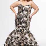 Sydney's Closet style SC7442 in Black/Gold metallic floral brocade.  Fitted mermaid silhouette, strapless sweetheart neckline, full mermaid skirt and lace-up back with modesty panel.