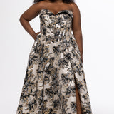 Sydney's Closet style SC7443 in Black/Gold metallic floral brocade.  A-line silhouette, strapless sweetheart neckline with fold over cuff, exposed corset boning on bustier bodice, basque waistline, A-line skirt with pockets and slit.
