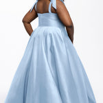 Sydney's Closet style SC7444 in light blue

A-line silhouette, square neckline with wide straps and detachable bows at high point of shoulder. Natural waistline, full A-line skirt with pockets and crinoline. 
