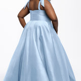 Sydney's Closet style SC7444 in light blue

A-line silhouette, square neckline with wide straps and detachable bows at high point of shoulder. Natural waistline, full A-line skirt with pockets and crinoline. 