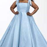 Sydney's Closet style SC7444 in light blue

A-line silhouette, square neckline with wide straps and detachable bows at high point of shoulder. Natural waistline, full A-line skirt with pockets and crinoline. 