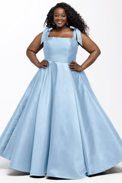 Sydney's Closet style SC7444 in light blue

A-line silhouette, square neckline with wide straps and detachable bows at high point of shoulder. Natural waistline, full A-line skirt with pockets and crinoline. 