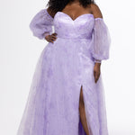 Sydney's Closet style SC7445 in lilac purple floral. 

Plus size A-line strapless formal dress in tulle.  Strapless, pleated, sweetheartneckline, natural waistline, A-line skirt with slit and pockets with detachable puff sleeves.