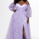 Sydney's Closet style SC7445 in lilac purple floral. 

Plus size A-line strapless formal dress in tulle.  Strapless, pleated, sweetheartneckline, natural waistline, A-line skirt with slit and pockets with detachable puff sleeves.