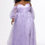 Sydney's Closet style SC7445 in lilac purple floral. 

Plus size A-line strapless formal dress in tulle.  Strapless, pleated, sweetheartneckline, natural waistline, A-line skirt with slit and pockets with detachable puff sleeves.