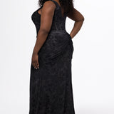 Sydney's Closet style SC7446 in black floral print on velvet burnout fabric. 

Slim, fitted slhouette, bra-friendly straps, deep V-neckline, exposed corset boning on bustier bodice, Basque waistline, slim fitted skirt with high slit and sweep train.
