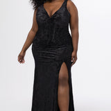 Sydney's Closet style SC7446 in black floral print on velvet burnout fabric. 

Slim, fitted slhouette, bra-friendly straps, deep V-neckline, exposed corset boning on bustier bodice, Basque waistline, slim fitted skirt with high slit and sweep train.