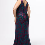 Sydney's Closet style SC7446 in wildeberry (burgundy and green) floral print on velvet burnout fabric. 

Slim, fitted slhouette, bra-friendly straps, deep V-neckline, exposed corset boning on bustier bodice, Basque waistline, slim fitted skirt with high slit and sweep train.