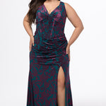 Sydney's Closet style SC7446 in wildeberry (burgundy and green) floral print on velvet burnout fabric. 

Slim, fitted slhouette, bra-friendly straps, deep V-neckline, exposed corset boning on bustier bodice, Basque waistline, slim fitted skirt with high slit and sweep train.
