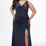 Sydney's Closet style SC7446 in wildeberry (burgundy and green) floral print on velvet burnout fabric. 

Slim, fitted slhouette, bra-friendly straps, deep V-neckline, exposed corset boning on bustier bodice, Basque waistline, slim fitted skirt with high slit and sweep train.