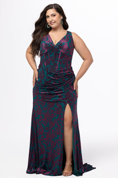 Sydney's Closet style SC7446 in wildeberry (burgundy and green) floral print on velvet burnout fabric. 

Slim, fitted slhouette, bra-friendly straps, deep V-neckline, exposed corset boning on bustier bodice, Basque waistline, slim fitted skirt with high slit and sweep train.