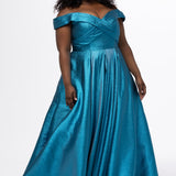 Sydney's Closet style SC7449

Curvy electric blue prom dress with sweethear neckline, pleated bodice, off-the-shoulder straps, natural waistline adn full A-line skirt with pockets.