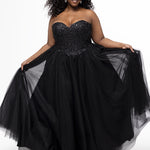 Sydney's Closet style SC7450 in black.

Ball gown silhouette, strapless bodice with deep V-mesh insert covered in lace appliques and exposed corset boning. Basque waistline and full sparkle tulle a-line skirt. Lace up back with modesty panel. 