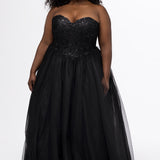 Sydney's Closet style SC7450 in black.

Ball gown silhouette, strapless bodice with deep V-mesh insert covered in lace appliques and exposed corset boning. Basque waistline and full sparkle tulle a-line skirt. Lace up back with modesty panel. 
