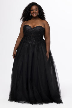 Sydney's Closet style SC7450 in black.

Ball gown silhouette, strapless bodice with deep V-mesh insert covered in lace appliques and exposed corset boning. Basque waistline and full sparkle tulle a-line skirt. Lace up back with modesty panel. 