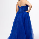 Sydney's Closet style SC7450 in royal blue.

Ball gown silhouette, strapless bodice with deep V-mesh insert covered in lace appliques and exposed corset boning. Basque waistline and full sparkle tulle a-line skirt. Lace up back with modesty panel. 