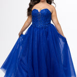 Sydney's Closet style SC7450 in royal blue.

Ball gown silhouette, strapless bodice with deep V-mesh insert covered in lace appliques and exposed corset boning. Basque waistline and full sparkle tulle a-line skirt. Lace up back with modesty panel. 