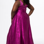 Sydney's Closet Style SC7453 in Magenta Pink

Plus Size A-line prom dress in metallic shimmer knit fabric, V-neckline with nude mesh insert, bra-friendly straps, pleated bodice, natural waisltine, A-line skirt with box pleats, pockets and a horsehair hem.