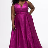 Sydney's Closet Style SC7453 in Magenta Pink

Plus Size A-line prom dress in metallic shimmer knit fabric, V-neckline with nude mesh insert, bra-friendly straps, pleated bodice, natural waisltine, A-line skirt with box pleats, pockets and a horsehair hem.