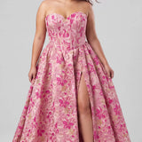 Bouquet of Dreams Pink Plus Size Floral Brocade Prom Dress