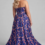 Meadow Magic Blue Floral Plus Size Satin A-Line Formal Dress
