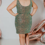 Sydney's Closet Plus Size Homecoming Short Party Dress SC8110 - Slim, fitted silhouette with pleate bodice, bra-friendly straps, fitted skirt and slit. Available in green sequins