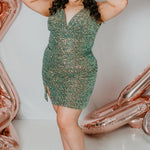 Sydney's Closet Plus Size Homecoming Short Party Dress SC8110 - Slim, fitted silhouette with pleate bodice, bra-friendly straps, fitted skirt and slit. Available in green sequins