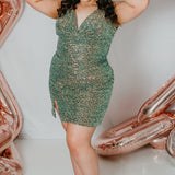 Sydney's Closet Plus Size Homecoming Short Party Dress SC8110 - Slim, fitted silhouette with pleate bodice, bra-friendly straps, fitted skirt and slit. Available in green sequins