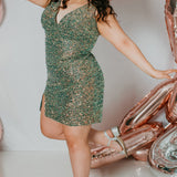 Sydney's Closet Plus Size Homecoming Short Party Dress SC8110 - Slim, fitted silhouette with pleate bodice, bra-friendly straps, fitted skirt and slit. Available in green sequins