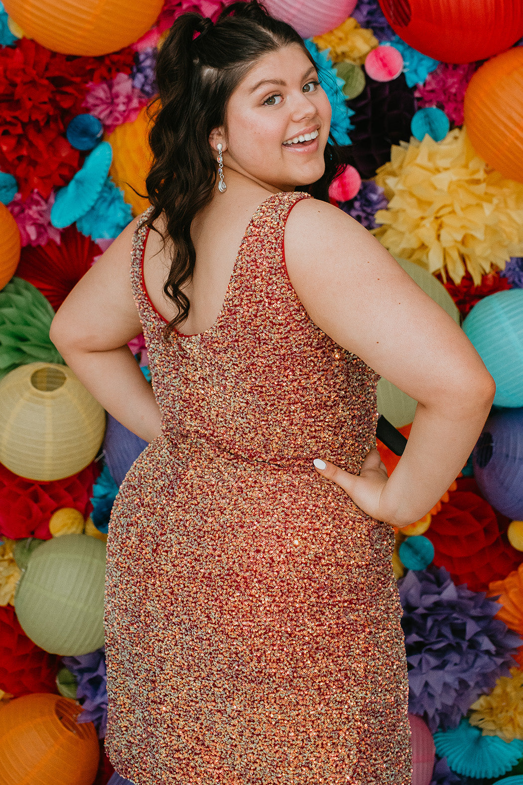 Sydney's Closet Plus Size Homecoming Short Party Dress SC8110 - Slim, fitted silhouette with pleate bodice, bra-friendly straps, fitted skirt and slit. Available in red sequins