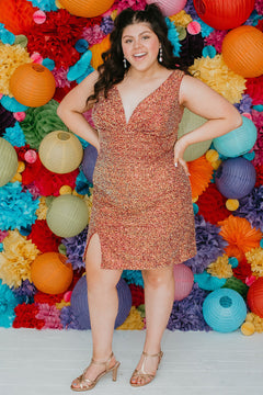 Sydney's Closet Plus Size Homecoming Short Party Dress SC8110 - Slim, fitted silhouette with pleate bodice, bra-friendly straps, fitted skirt and slit. Available in red sequins