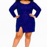 Plus Size Sapphire Blue Sequin Cocktail Dress with Sleeves