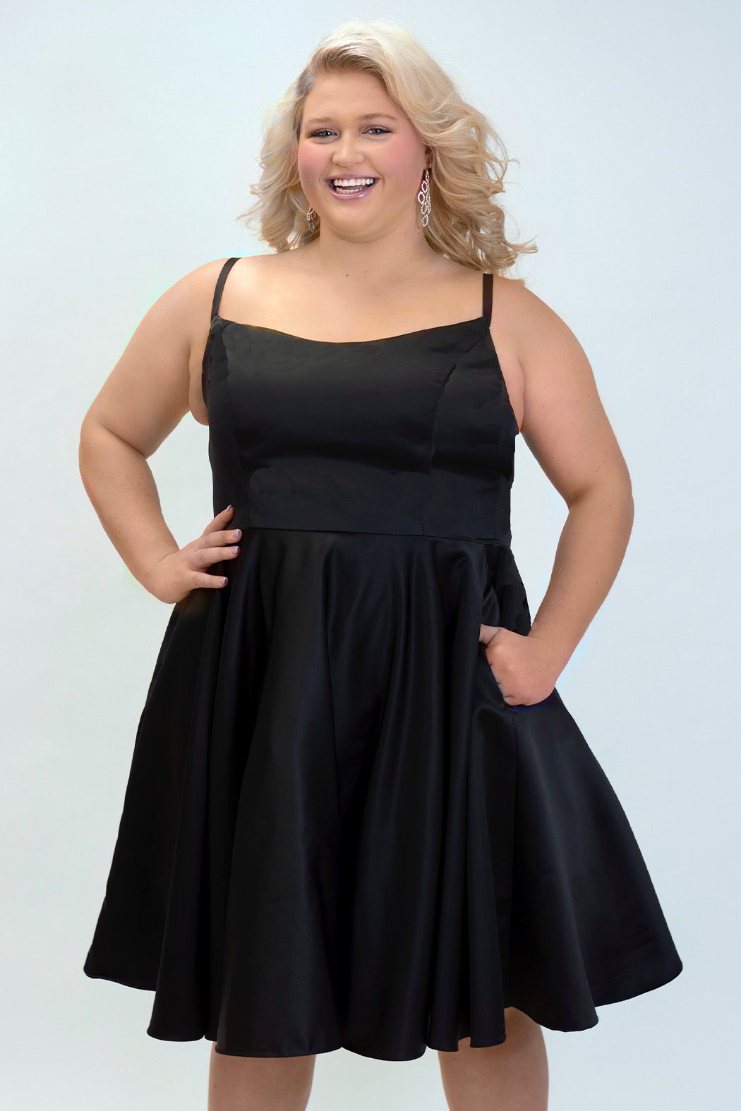 Sydney's Closet CE2401 Black. A-line silhouette, Scoop neckline polyester satin. Short party dress with pockets