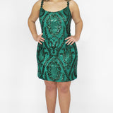 This is SC8136 in our Sydney's Closet Homecoming collection. This plus size party dress comes in black, green, red, and blue! This dress has straps covered in lace and a scoop neckline. This slim a-line dress has patterned sequins all over! This gown will secretly shine which makes it the most perfect for this homecoming season!