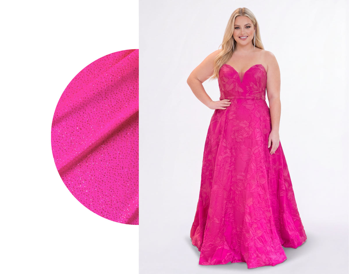 Woman wearing a pink evening gown with close-up of fabric texture on a white background