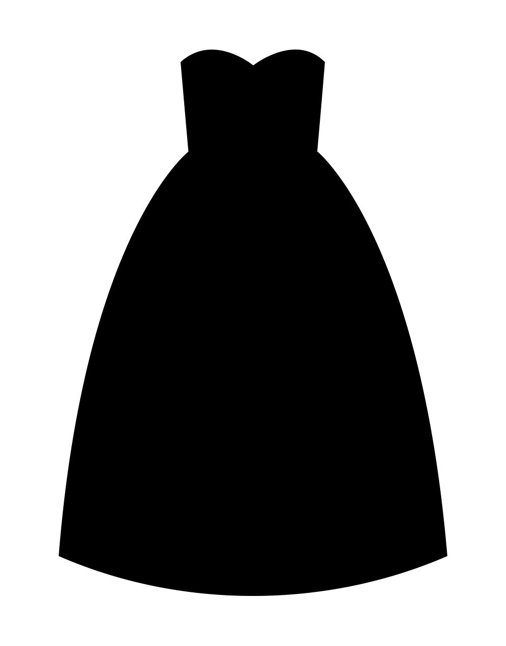 Black silhouette of a strapless ball gown dress on a white background.