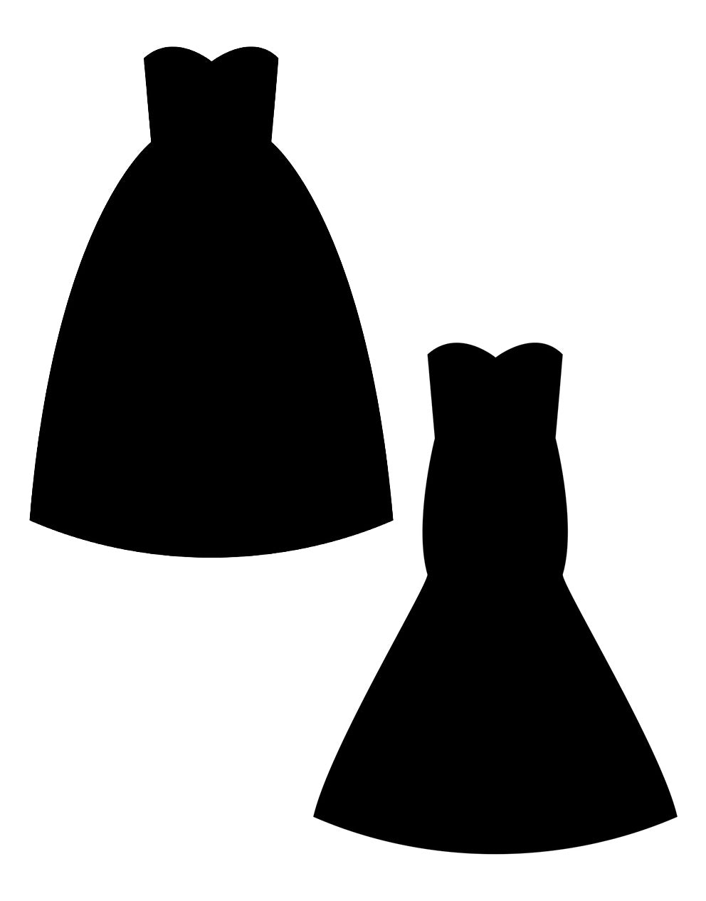 2 Black silhouettes of a strapless dresses on a white background.