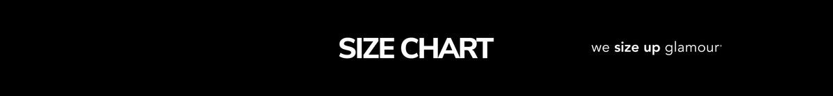 Banner text reading "Size Chart" with Sydney's Closet tagline, "we size up glamour" on black background.