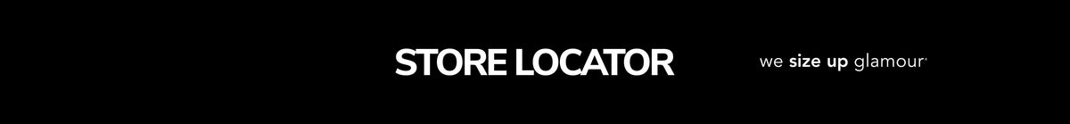 Banner text reading "Store Locator" with Sydney's Closet tagline, "we size up glamour" on black background.
