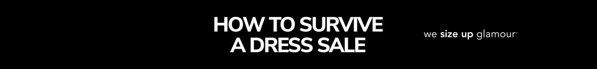 Banner text reading "How to Survive a Dress Sale" with Sydney's Closet tagline, "we size up glamour" on black background.