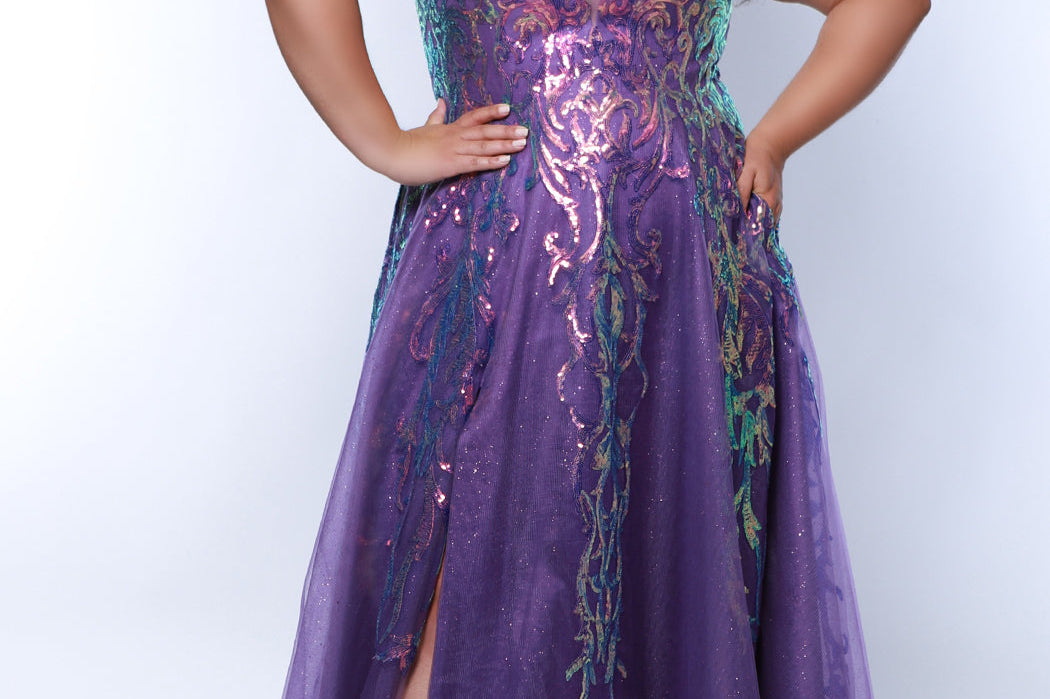 Tease Prom TE2302 purple, Plus Size A-line dress with cascading sequins over tulle, slit, pockets, V-neck, and spaghetti  straps